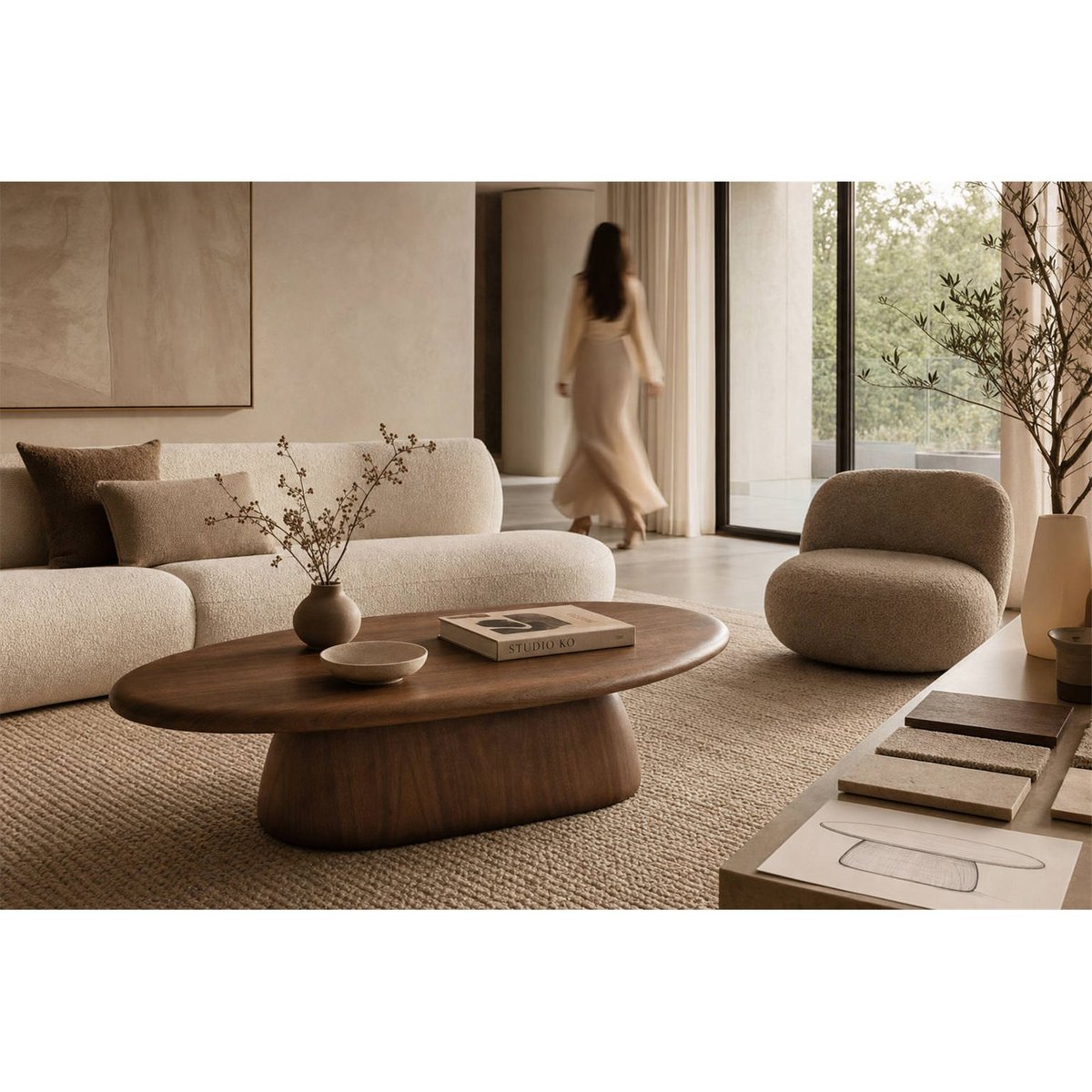 Table basse ovale en noyer massif noyer, RECOLLECTION