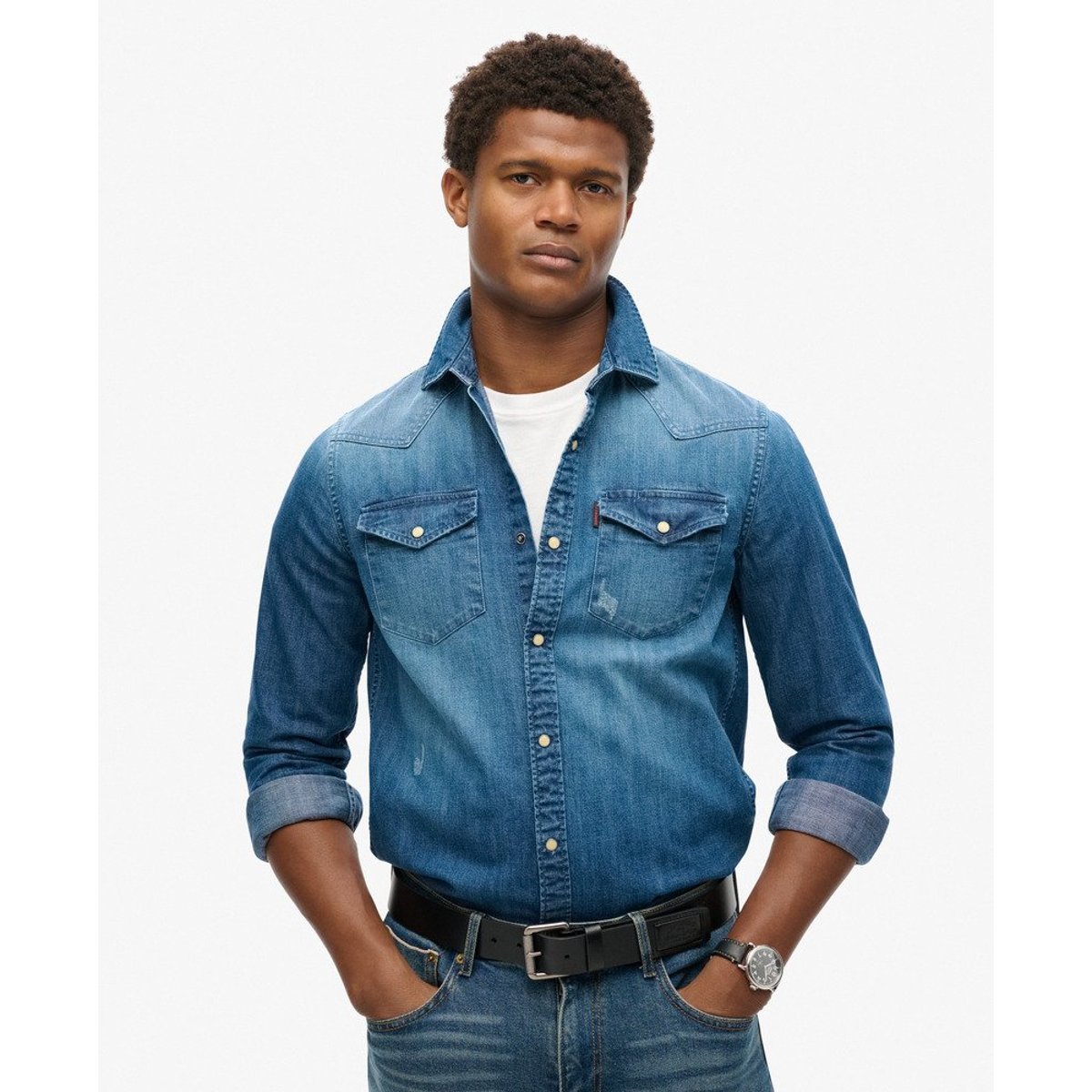 Chemise western vintage bleu moyen, SUPERDRY