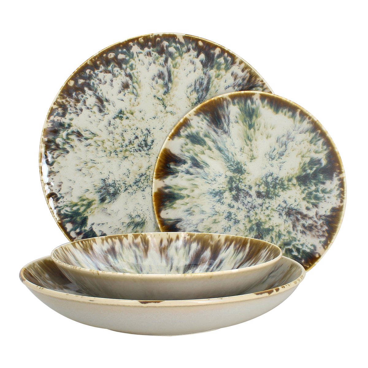 Lot de 6 assiettes creuses en porcelaine 26cm, MAKA blanc-bleu-vert, NOVASTYL