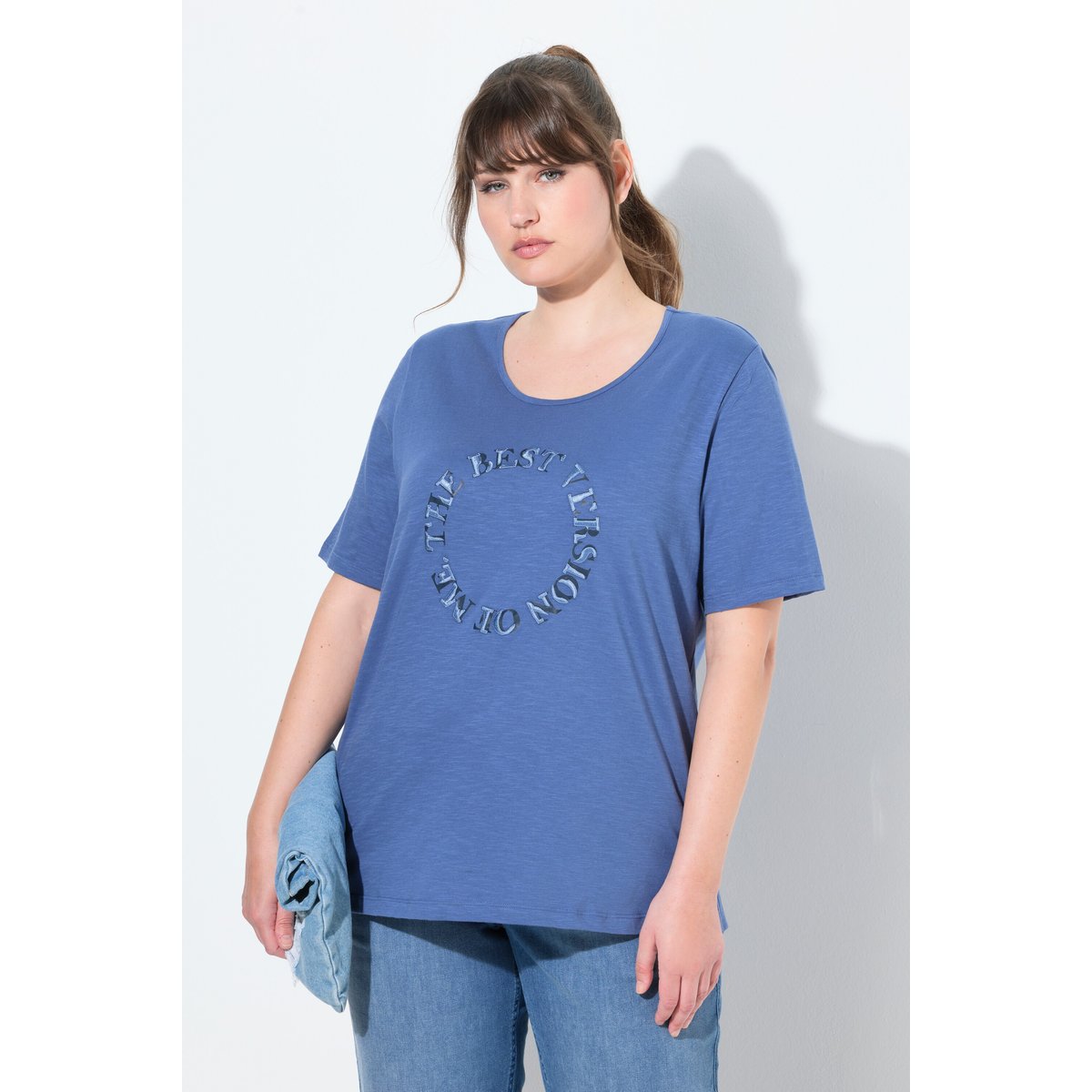 T-shirt en coton bio, avec message bleu voile clair, ULLA POPKEN
