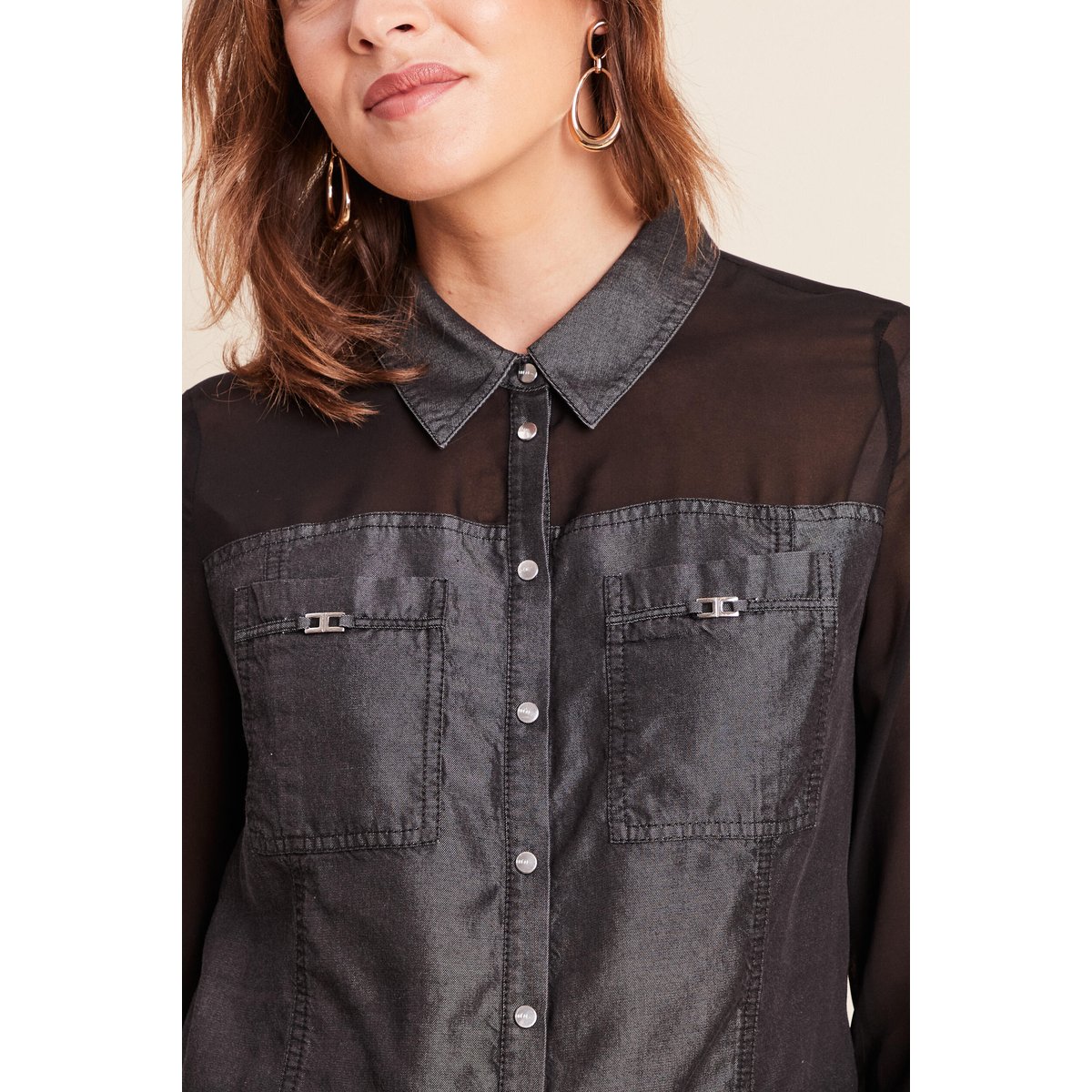 Chemise bi-matière manches longues denim gris, BREAL
