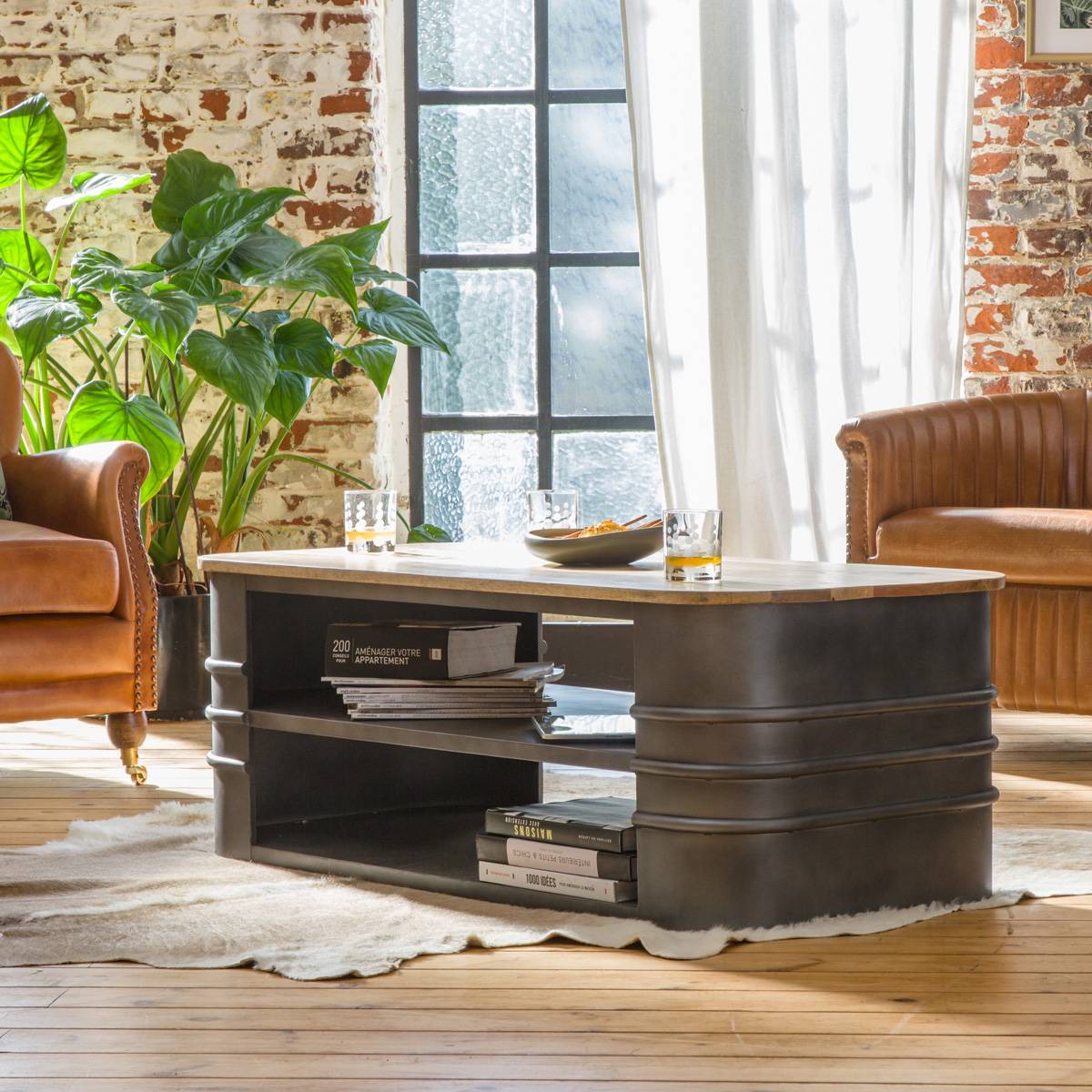 Table basse en métal ovale LOCKER gris, MADE IN MEUBLES 