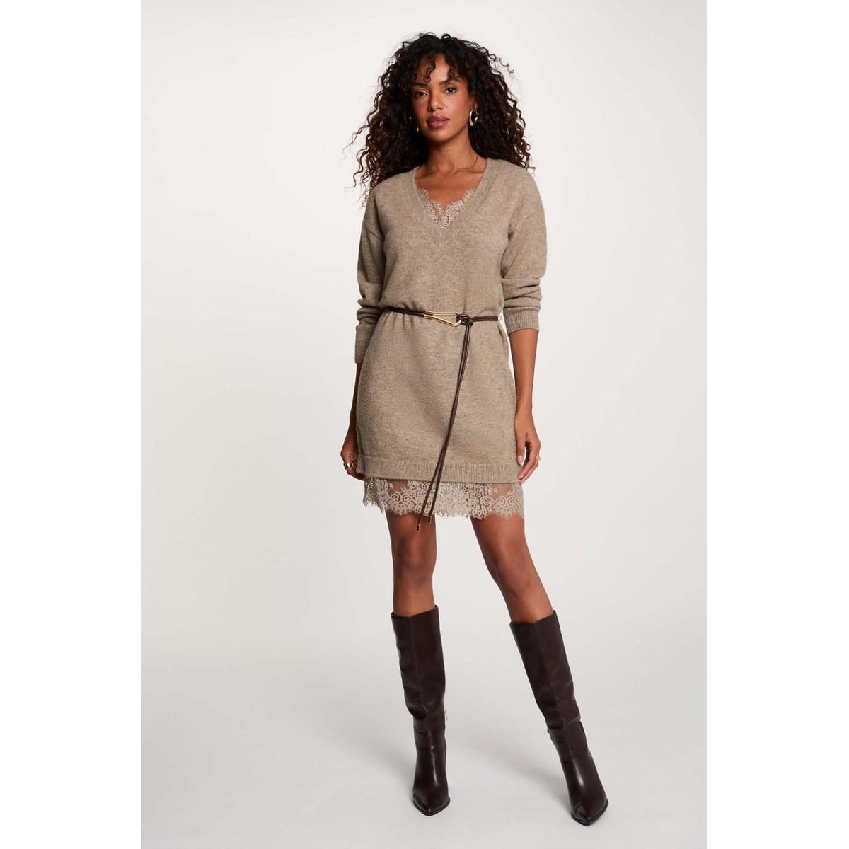 Robe tricot col v taupe, MORGAN