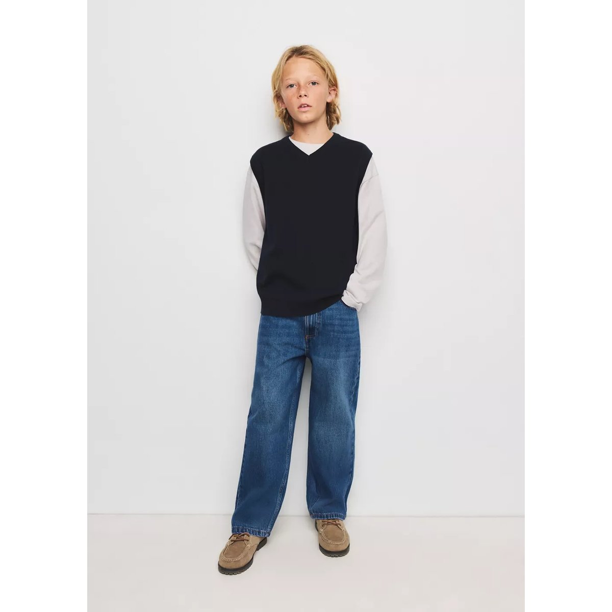 Gilet en maille fine avec col en V bleu marine, MANGO KIDS