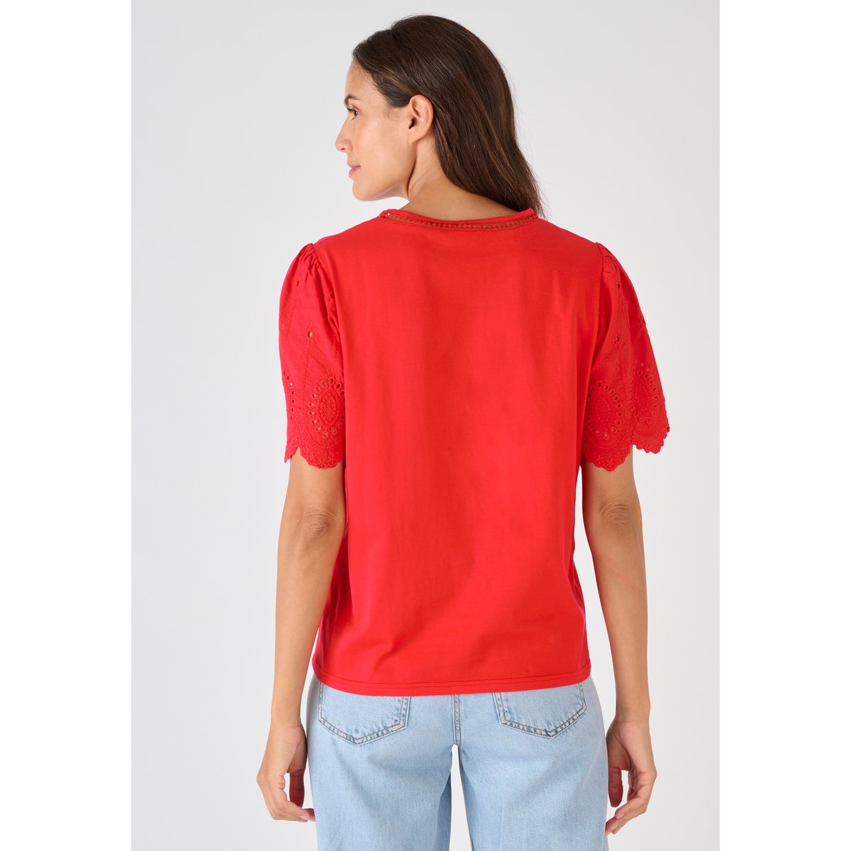 T-shirt pur coton manches brodées rouge, DAMART