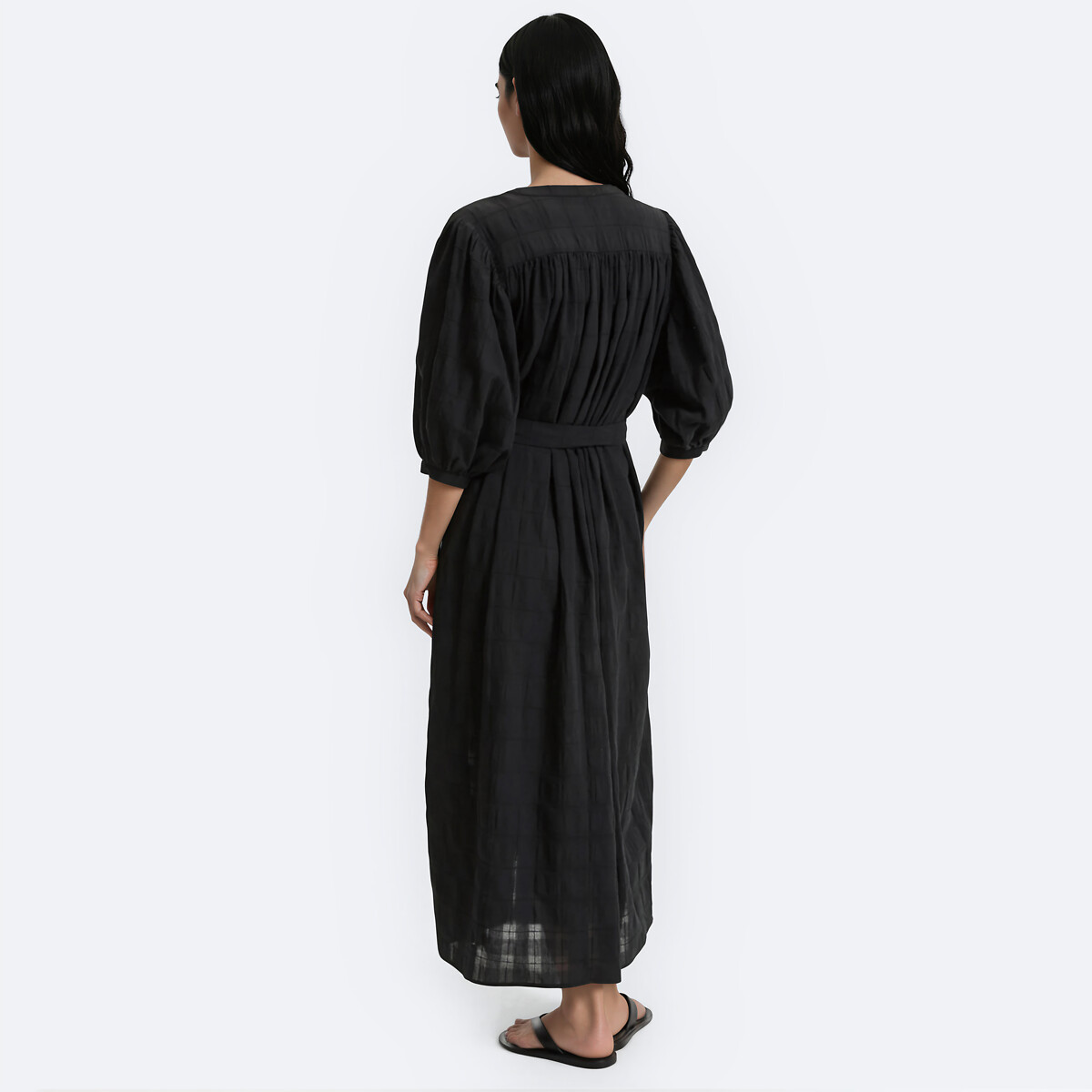Robe longue ceinturée à manches bouffantes noir, LA REDOUTE COLLECTIONS