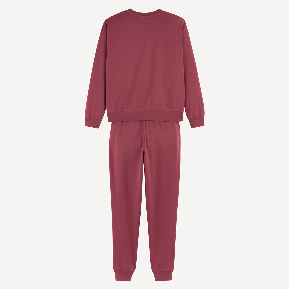 Pyjama 2 pièces, en molleton, t-shirt manches longues et pantalon bordeaux, LA REDOUTE COLLECTIONS