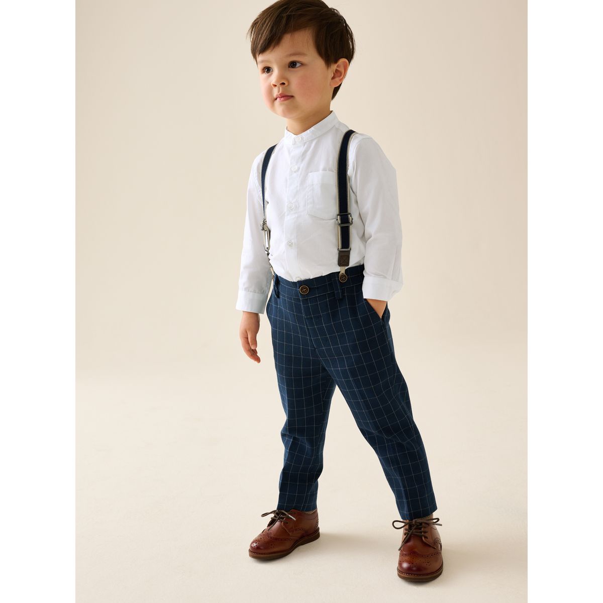 Ensemble chemise, pantalon et bretelles bleu marine à carreaux, NEXT