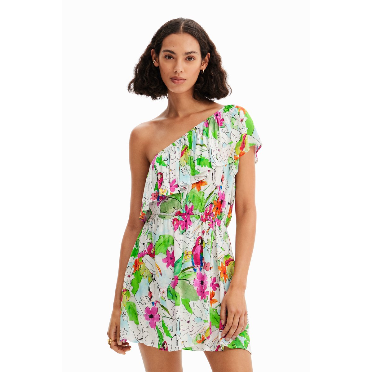 Robe courte asymétrique tropicale blanc, DESIGUAL