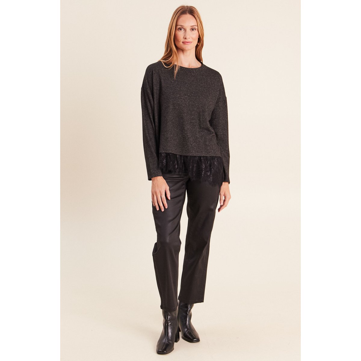 Pull col rond manches longues dentelle gris foncé, BREAL