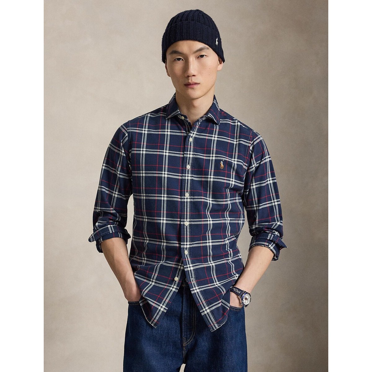 Chemise Oxford ajustée, écossaise carreaux marine, POLO RALPH LAUREN