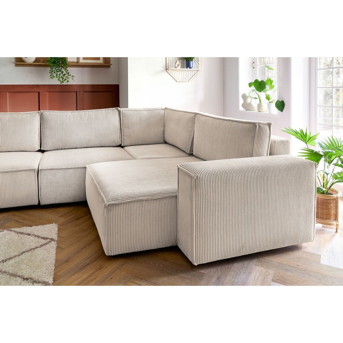 Canapé modulable 6 places en velours côtelé, NIHAD beige, BOBOCHIC