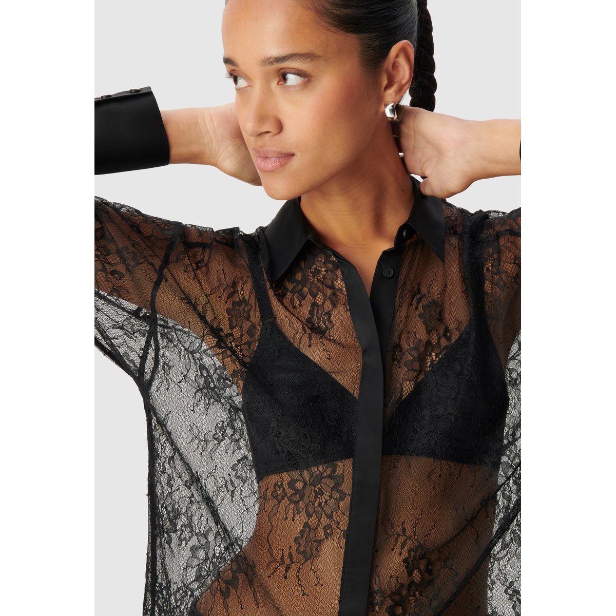 Chemise dentelle col satiné noir, IKKS