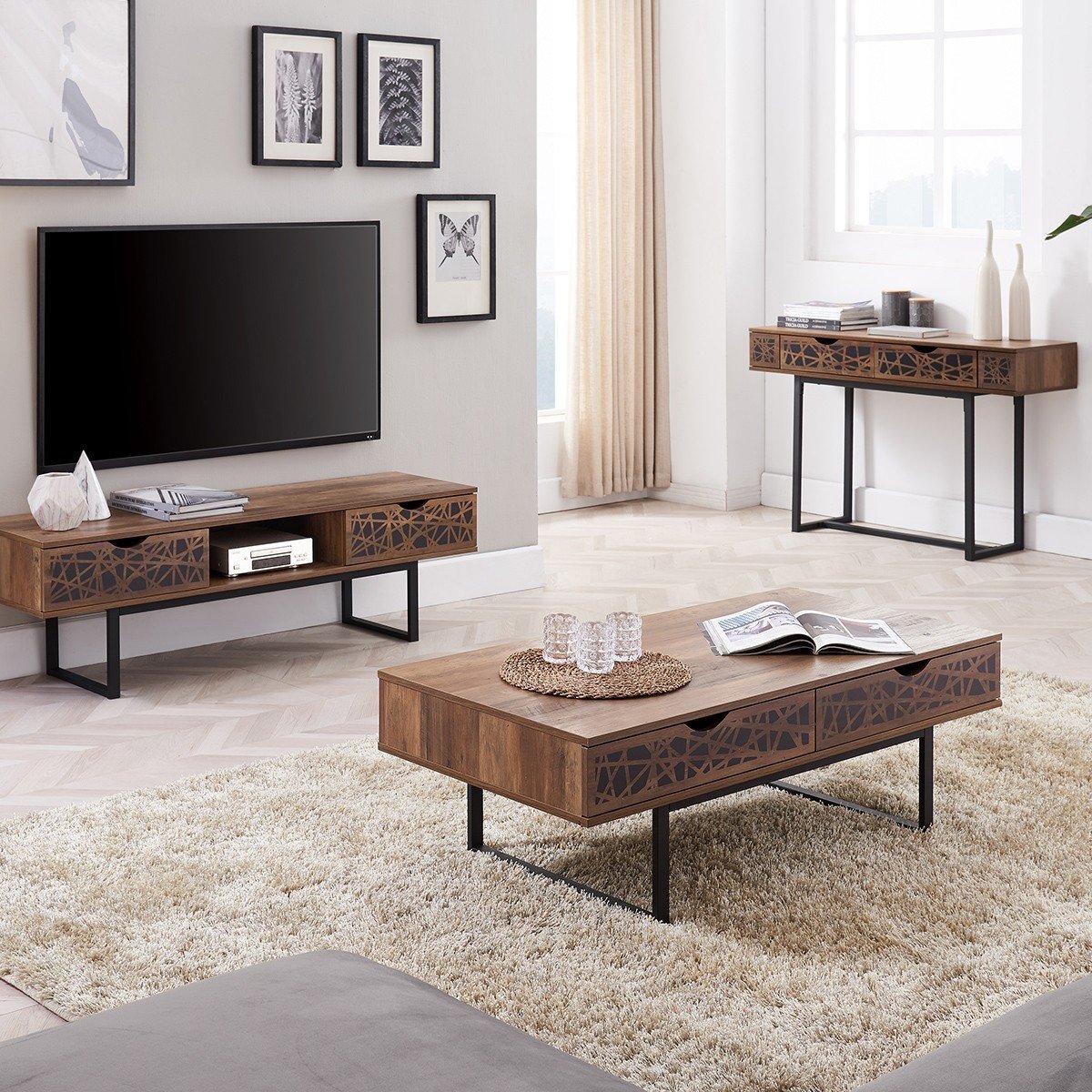 Table basse 2 tiroirs décor bois et motifs noirs L120 cm - Anaëlle bois foncé, CALICOSY