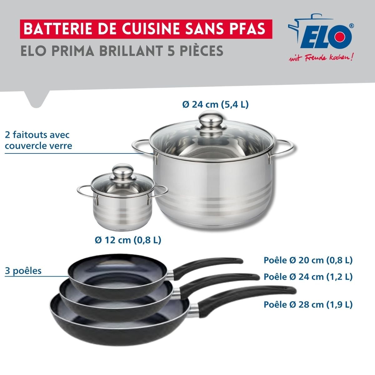 Batterie 3 poêles 20/24/28cm + 2 faitouts 12/24cm PRIMA BRILLANT noir, ELO