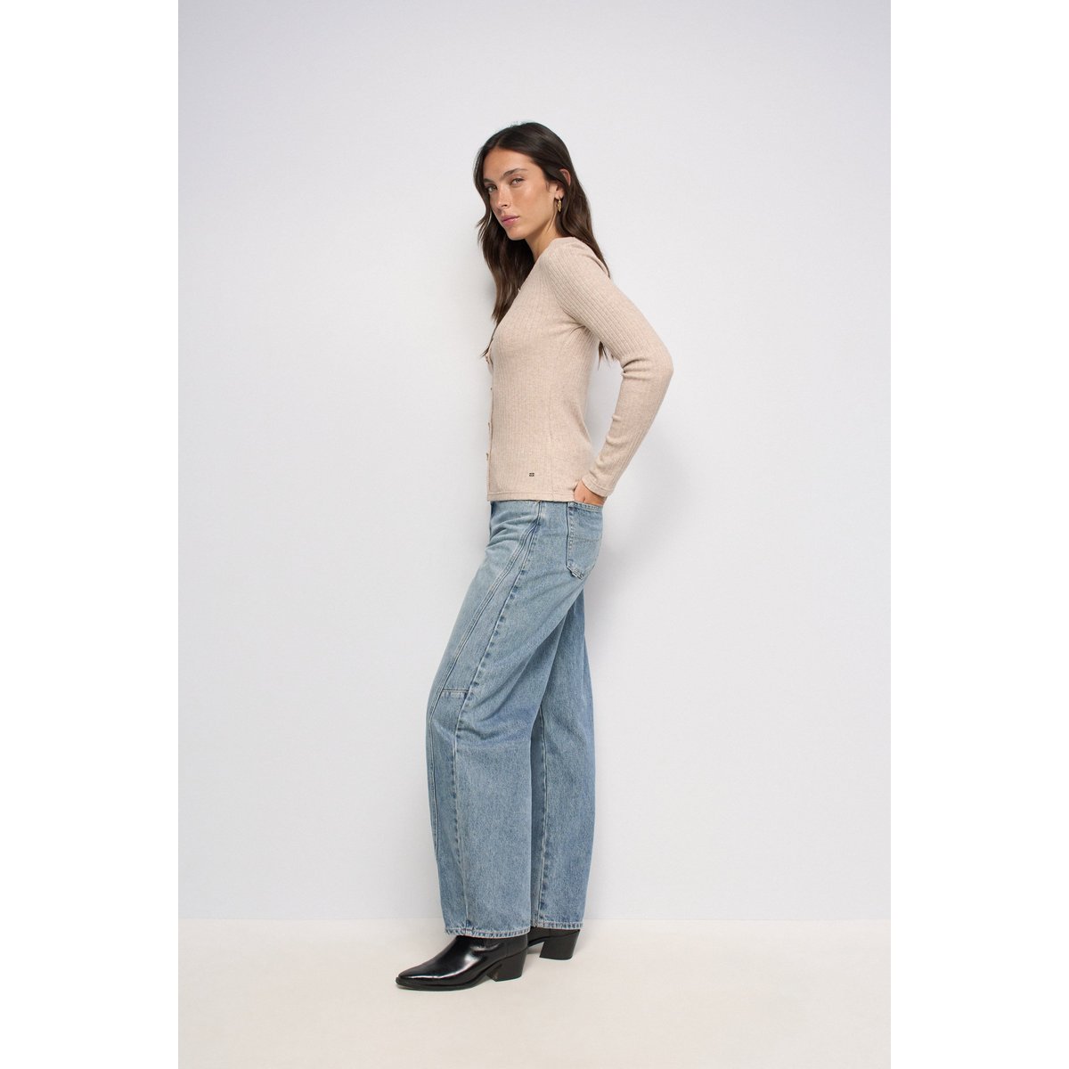 PULL EN MAILLE CÔTELÉE AVEC NOEUDS marron, SALSA JEANS
