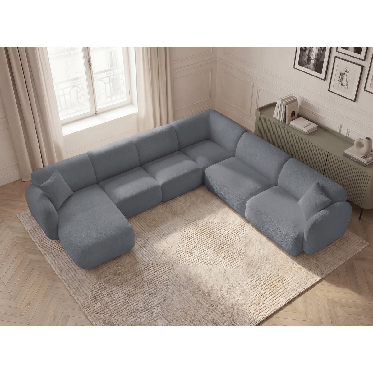 Canapé modulable 6 places en tissu chenille, ANDA gris, BOBOCHIC