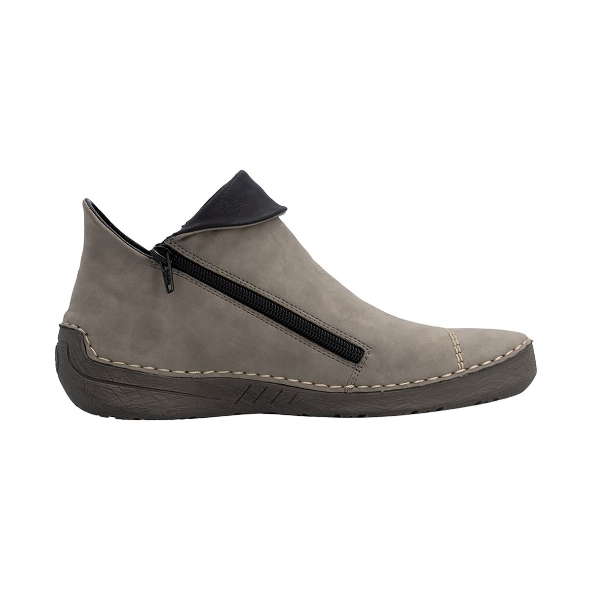 Boots bleu marine à talon plat avec une fermeture zippée et soufflet élastiqué gris, RIEKER
