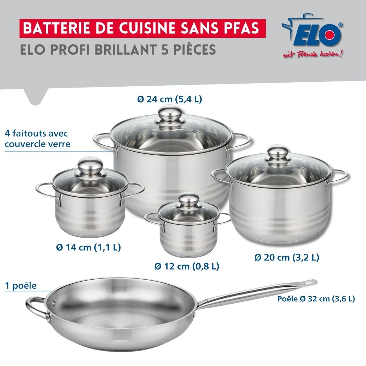 Batterie 1 poêle 32cm + 4 faitouts 12/14/20/24cm PROFI BRILLANT gris, ELO