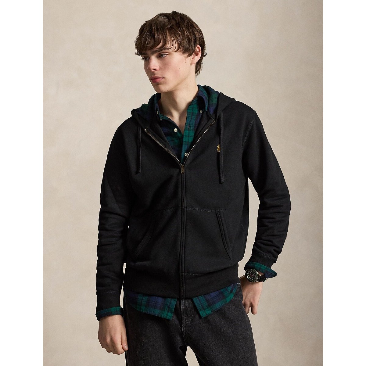 Sweat à capuche en maille double noir, POLO RALPH LAUREN