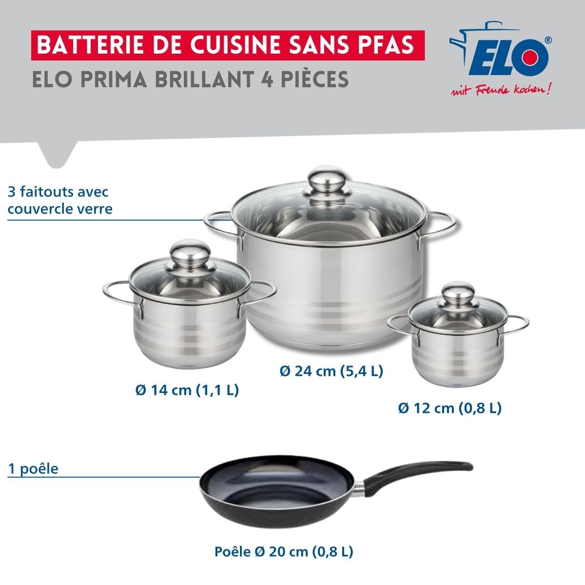 Batterie 1 poêle 20cm + 3 faitouts 12/14/24cm PRIMA BRILLANT noir, ELO