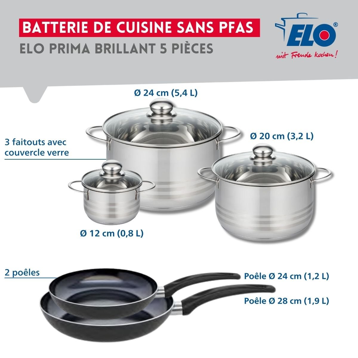 Batterie 2 poêles 24/28cm + 3 faitouts 12/20/24cm PRIMA BRILLANT noir, ELO