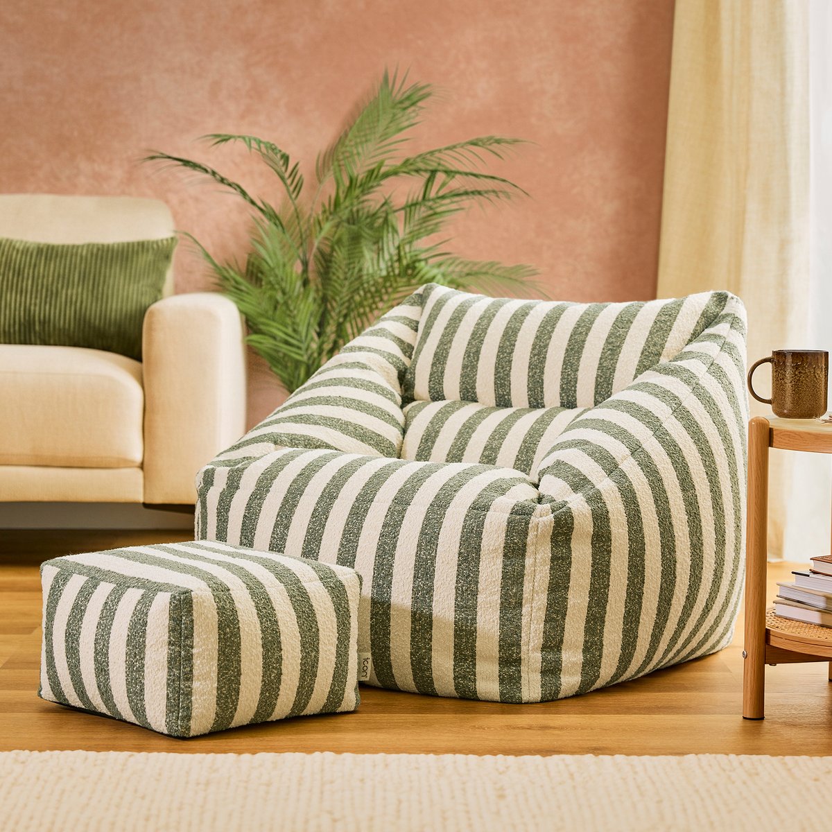 Pouf fauteuil et son repose-pied carré en bouclette rayée Oeko-Tex® - NATALIA vert olive, ICON