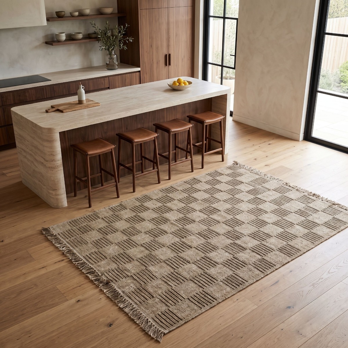 Tapis extérieur intérieur damier aspect jute JUTA DAMIER beige, THE DECO FACTORY
