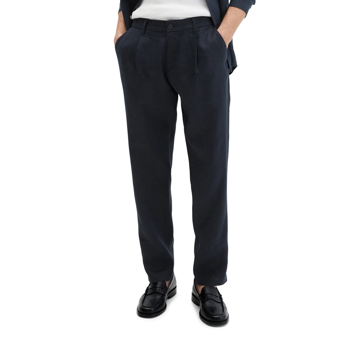 Pantalon en lin modèle Osby Jogger pleats avec ceinture élastique bleu foncé, MARC O'POLO