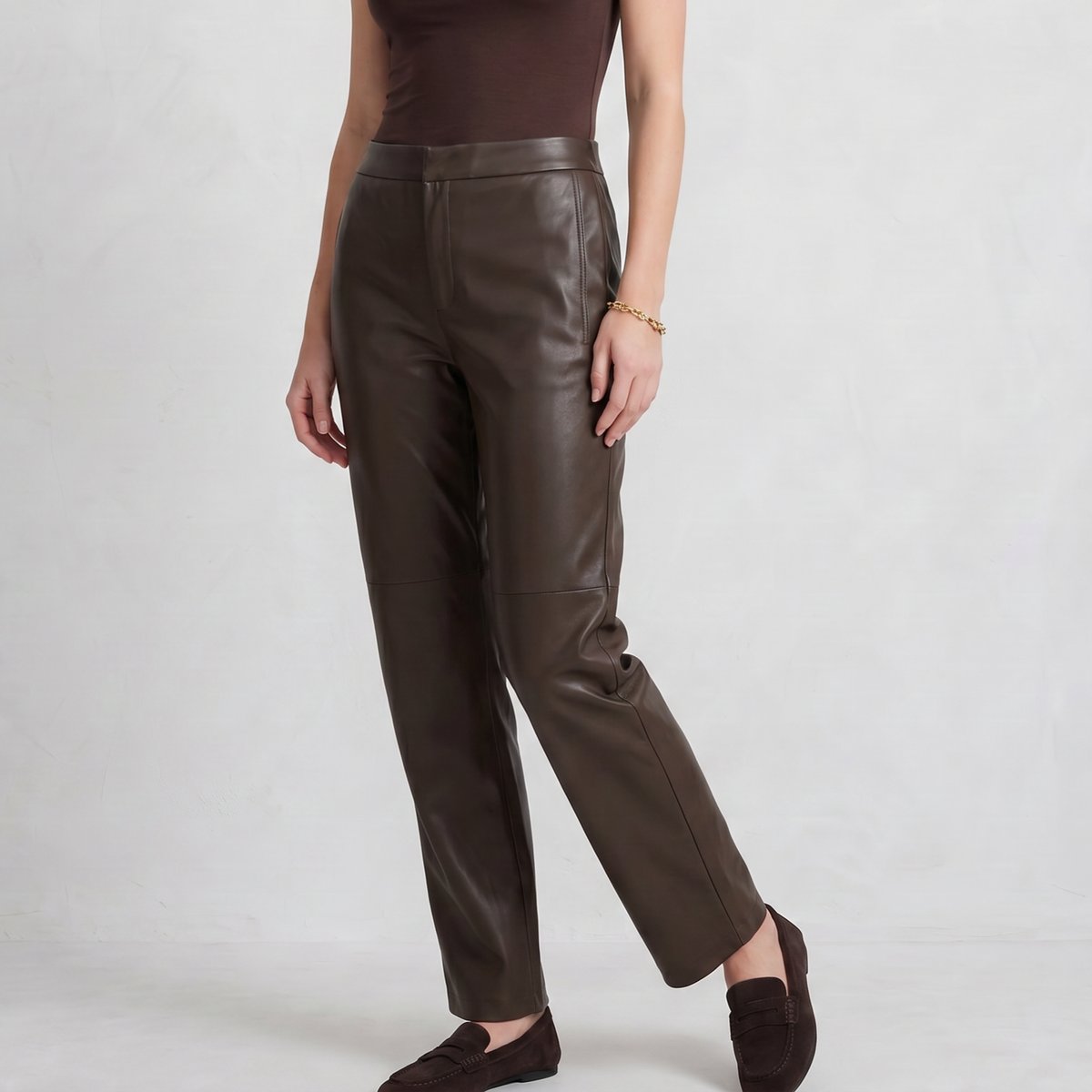 Pantalon cigarette simili-cuir avec ceinture semi-élastique JORDANA marron, ARTLOVE