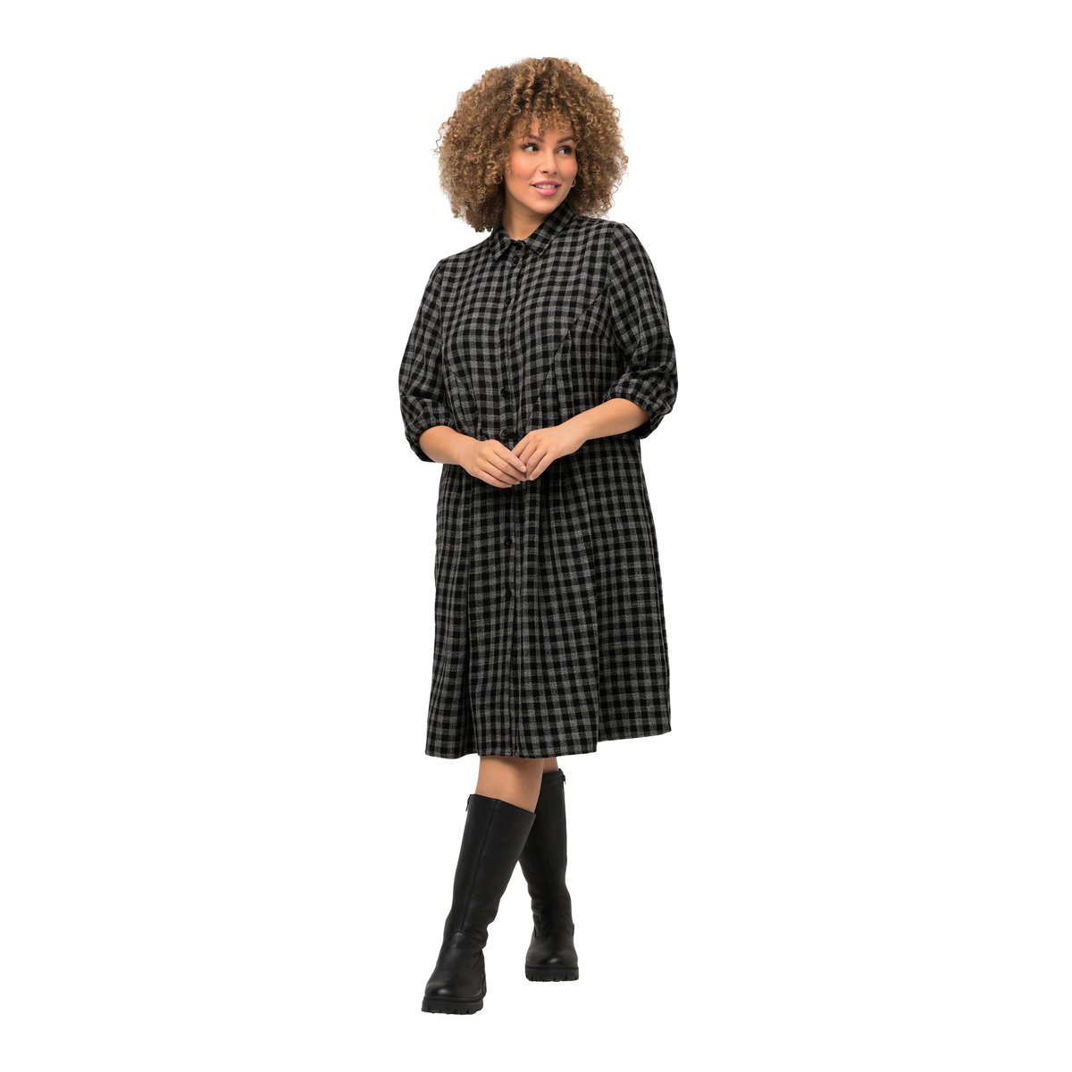 Robe midi à col chemise et manches 3/4 noir, ULLA POPKEN