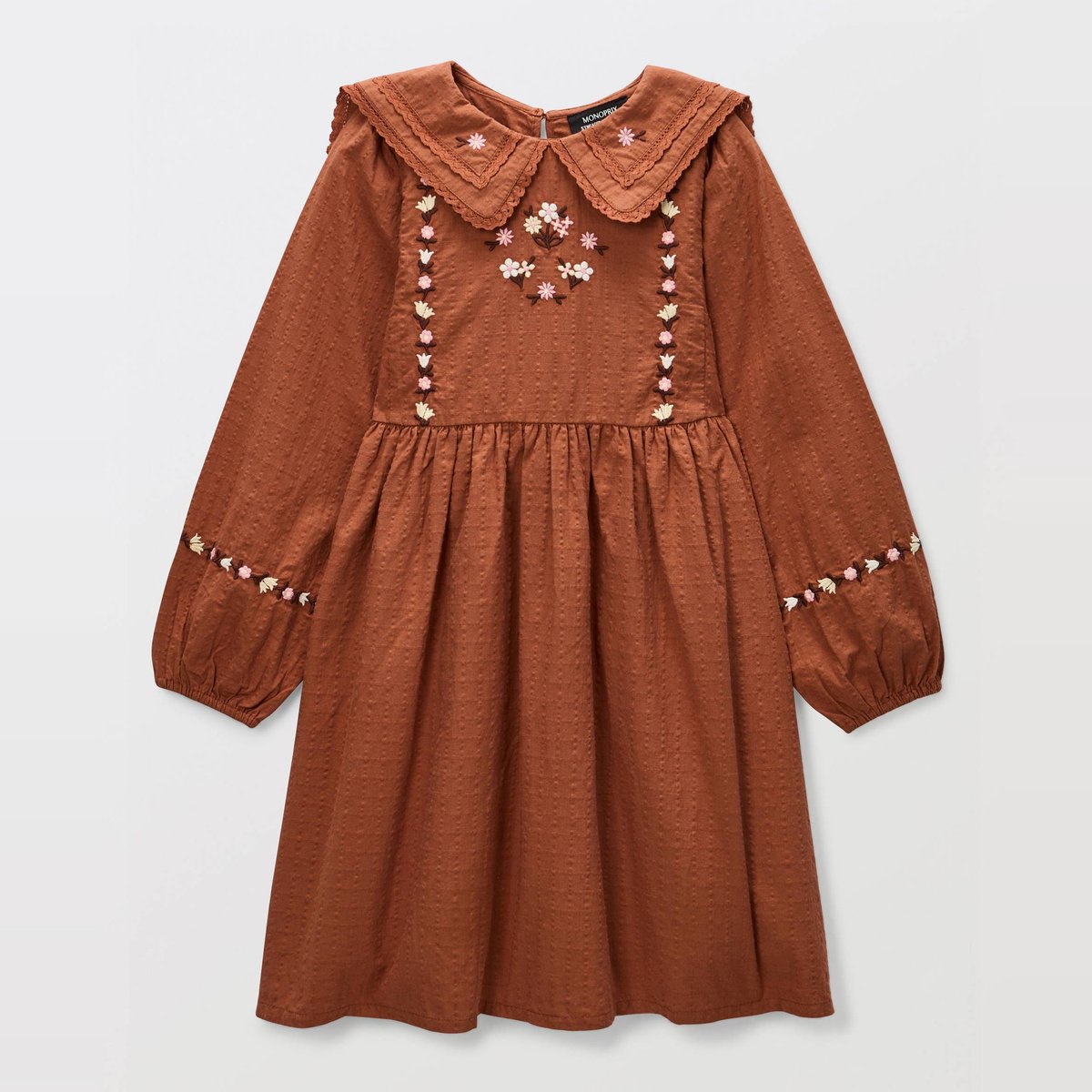 Robe avec double col et broderies en coton chevreuil, MONOPRIX