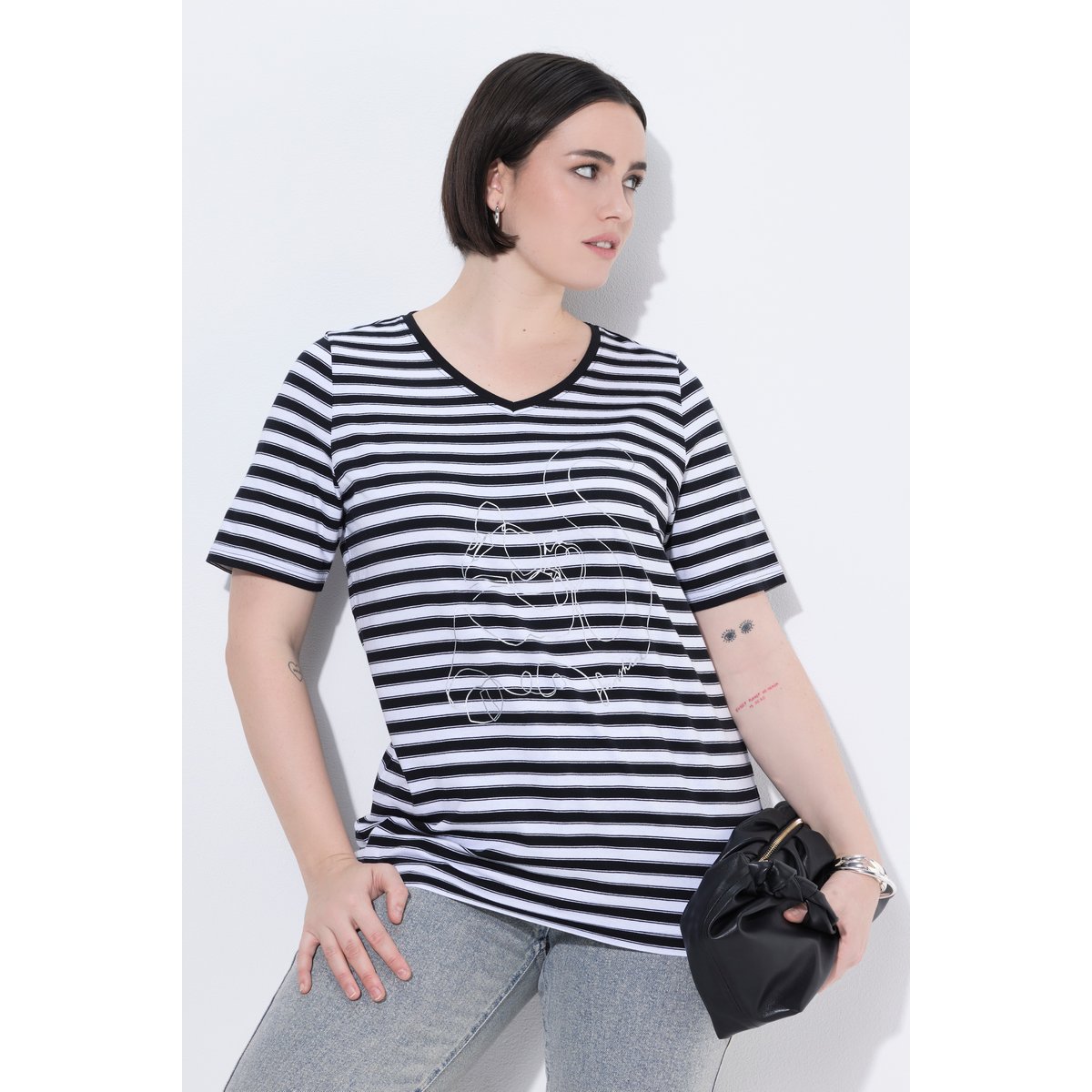T-shirt à rayures avec motif aux reflets noir, ULLA POPKEN