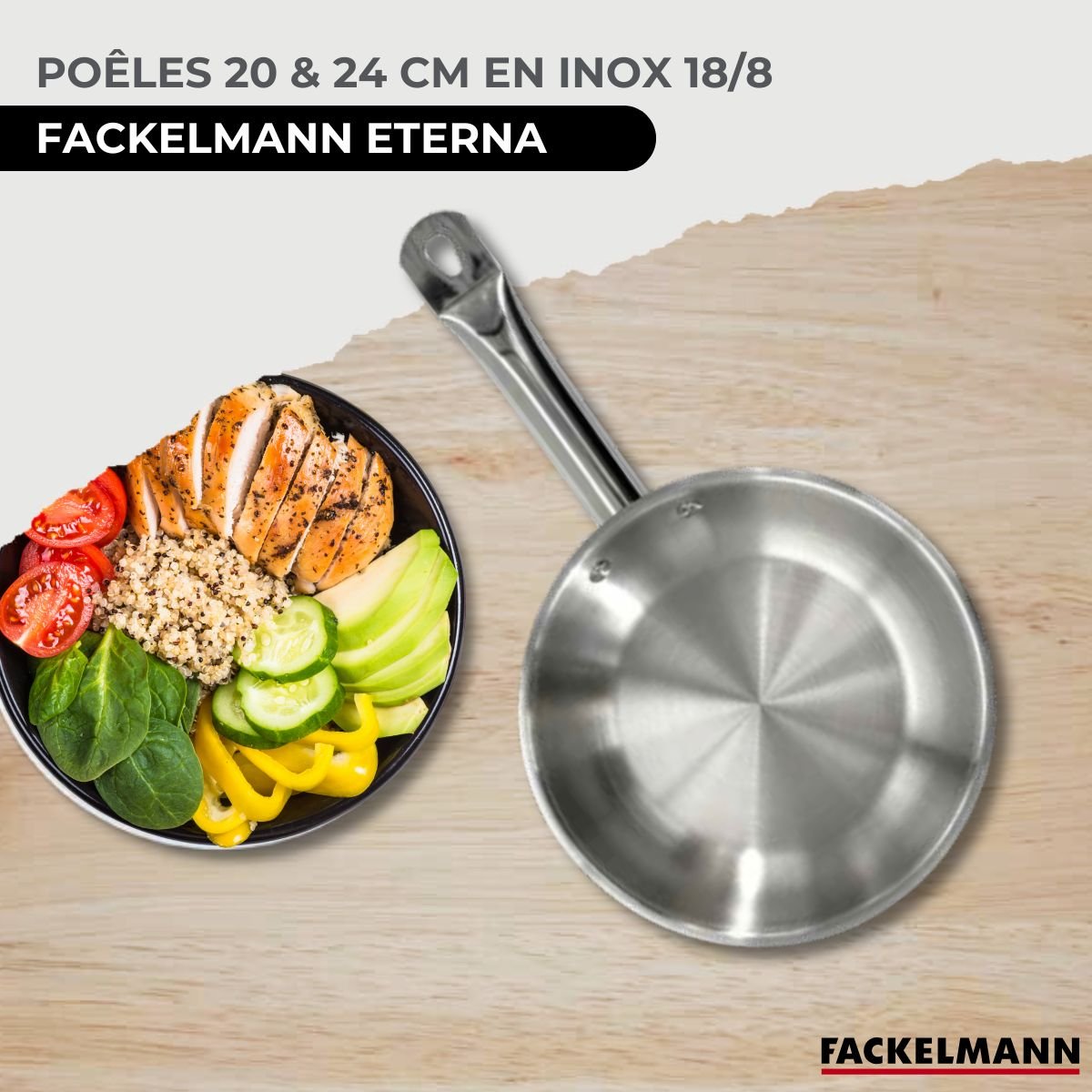 Set de 2 poêles 20 et en inox et 6 ustensiles ETERNA inox|noir, FACKELMANN