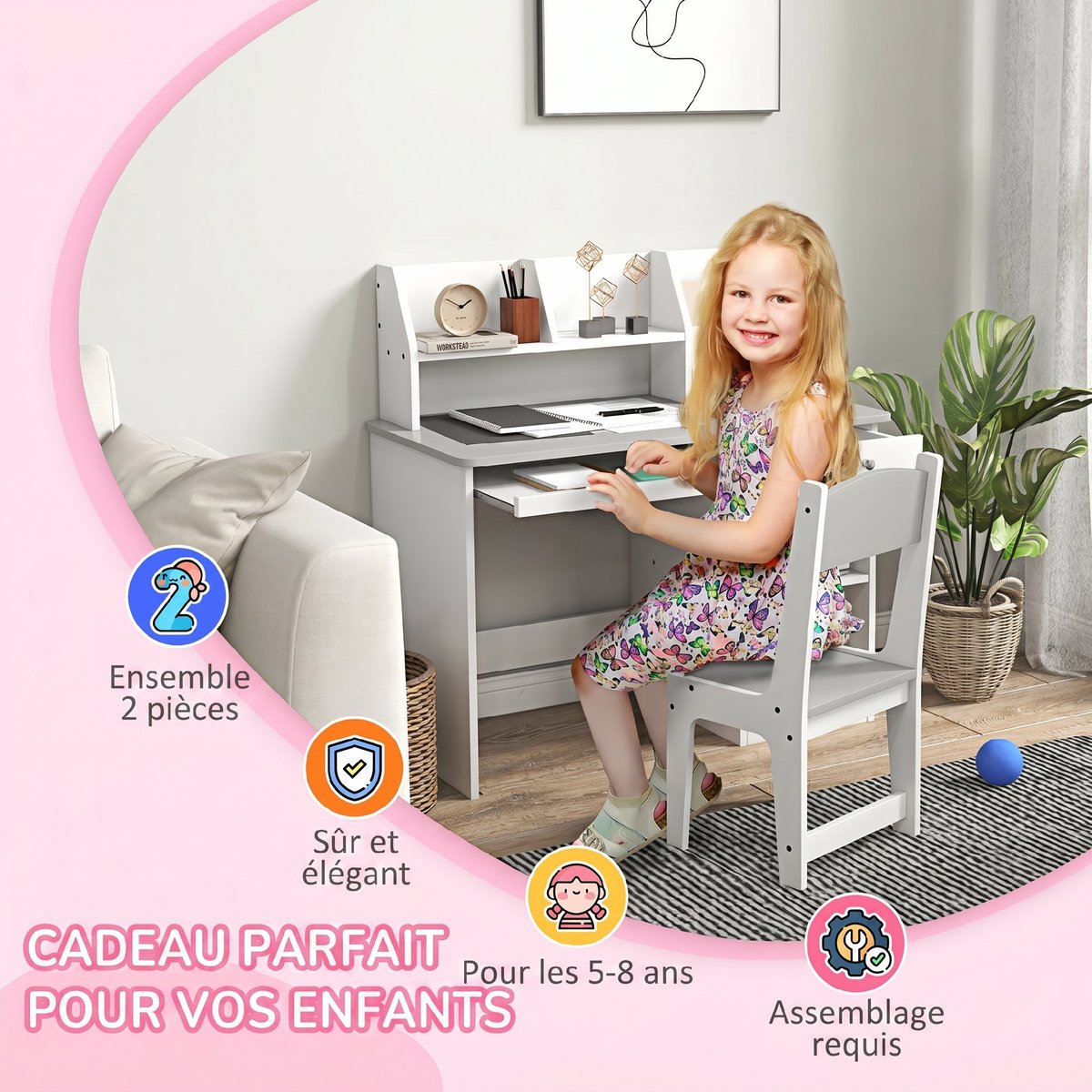 Bureau d'étude pour enfants avec chaise MDF gris et blanc, ZONEKIZ