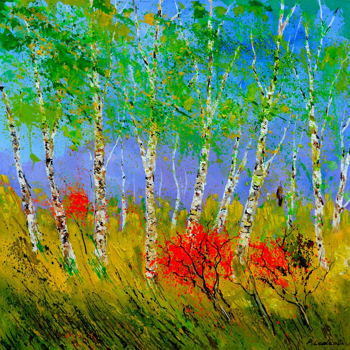 Tableau paysage bouleaux et coquelicots tableau alu dibond, HEXOA