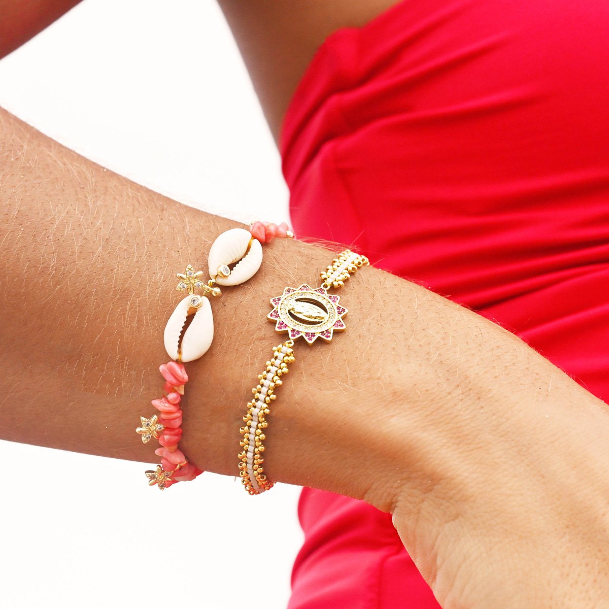 Bracelet perles réglable avec coquillages et pampilles KIKORI corail, HIPANEMA