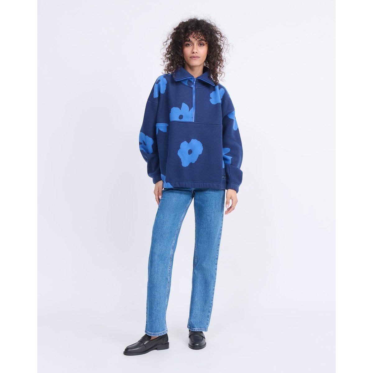 Sweat en polaire recyclée imprimé fleuri bleu, EMOI EMOI