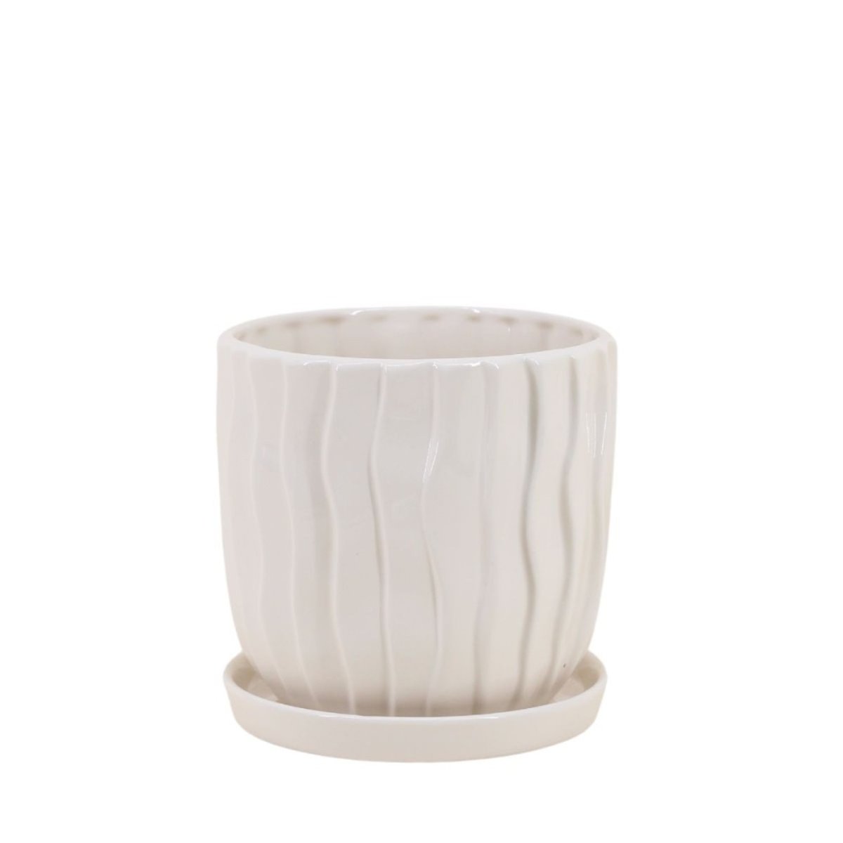 Cache-pot strié 20cm avec plateau beige, ORNAMI