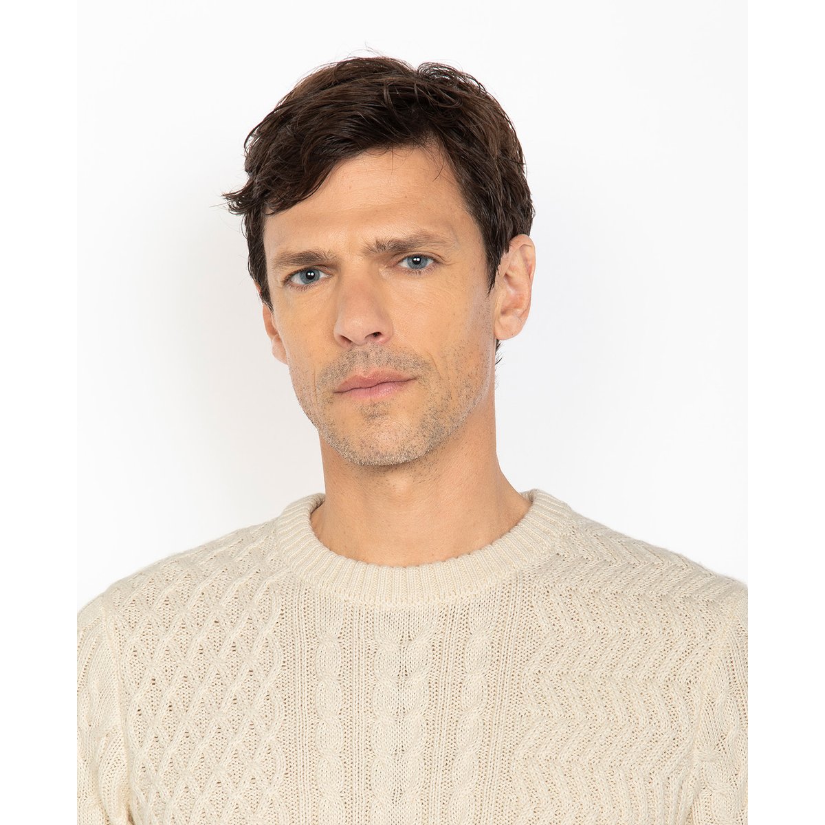 Pull col rond noir, maille torsadée blanc cassé, SCHOTT