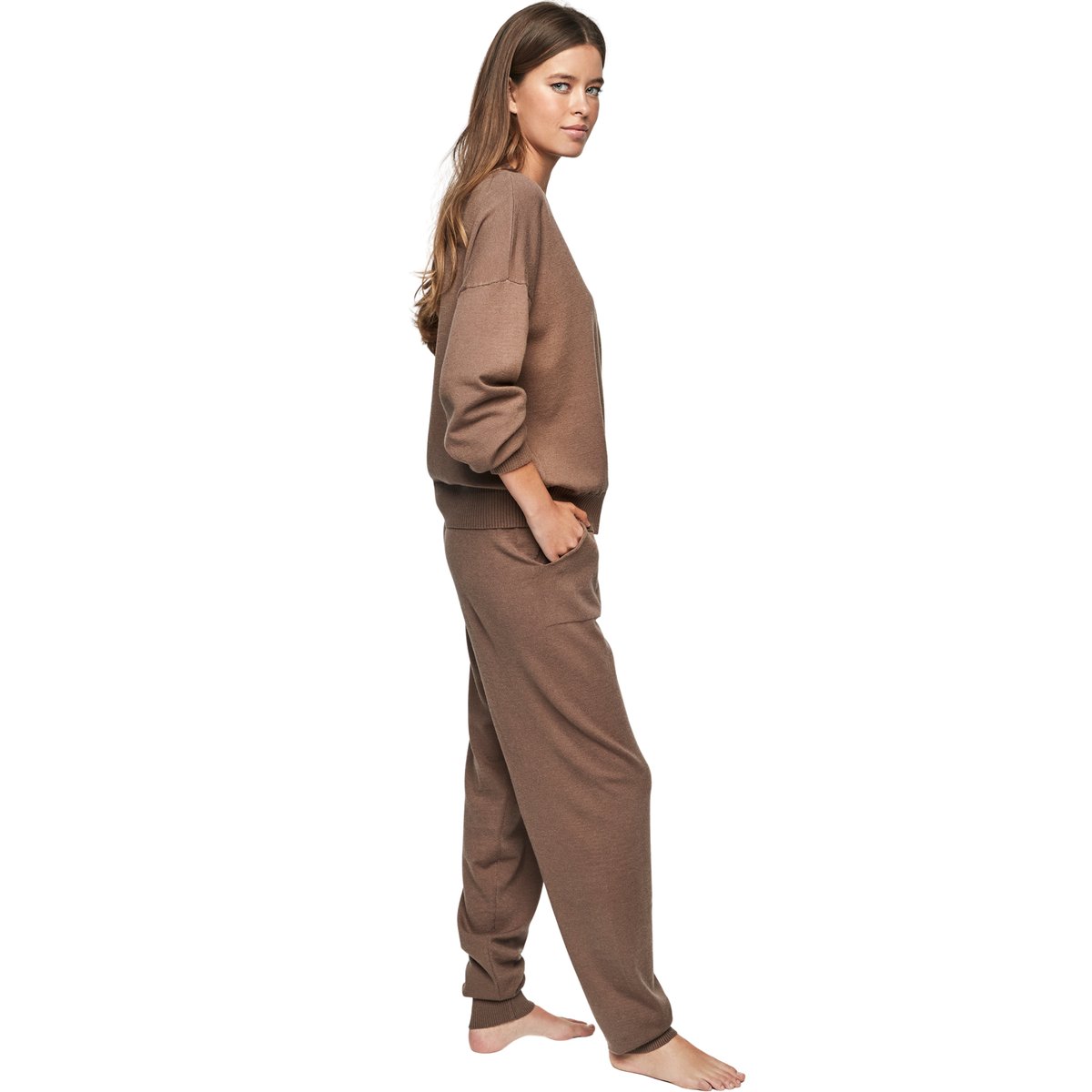Tenue détente pyjama pantalon top col rond P108 MINIMAL PREMIUM marron, SELMARK