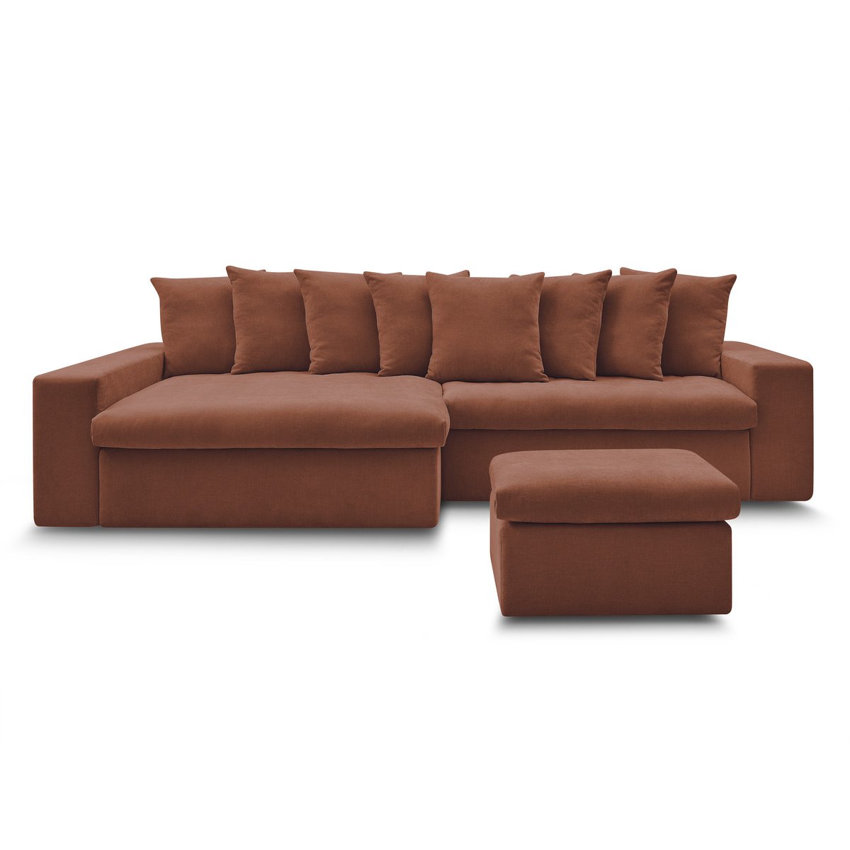 Canapé d'angle fixe 3 places en tissu lisse avec pouf, ENORE rouge, BOBOCHIC