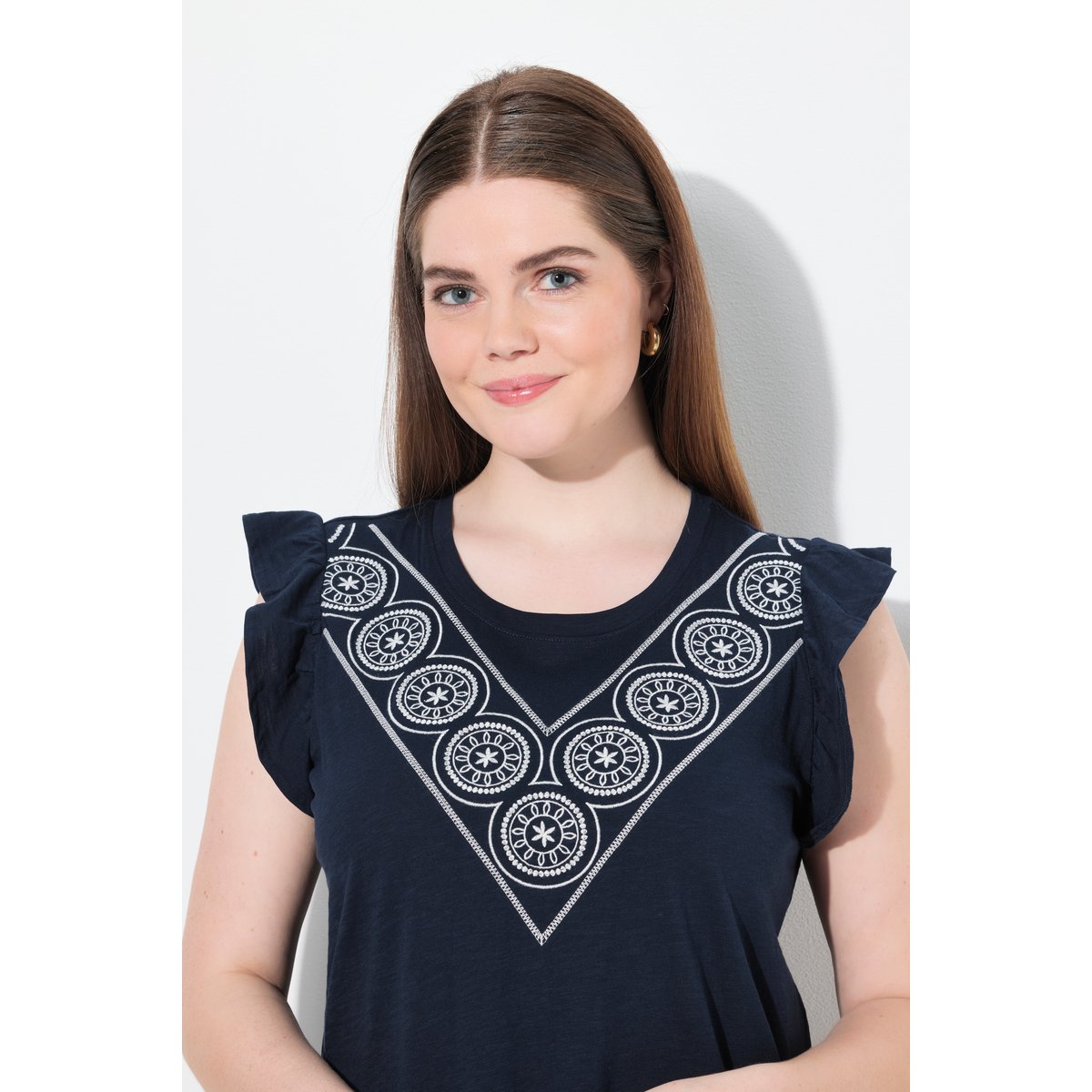 T-shirt, broderie, col rond, manches courtes marine, ULLA POPKEN