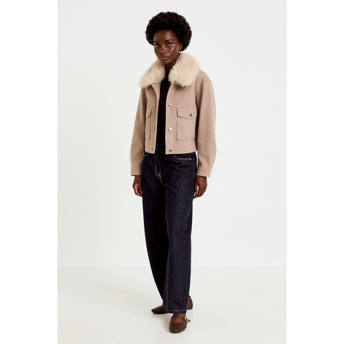 Veste droite cropped col tailleur taupe, CACHE CACHE