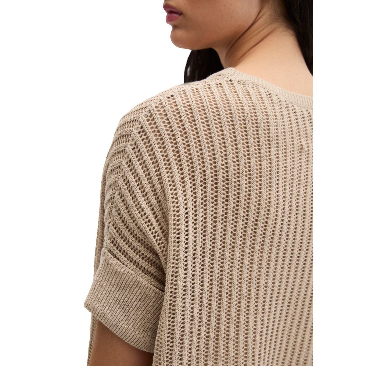 Pull-over en maille à manches courtes boxy en mélange coton organique-lin beige, MARC O'POLO