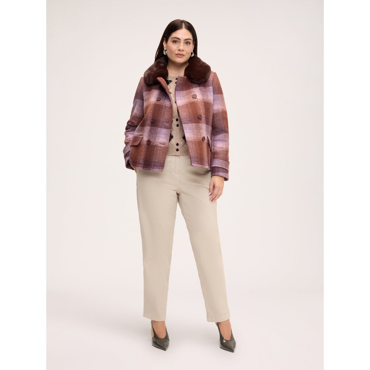 Veste croisée à carreaux marron, FIORELLA RUBINO