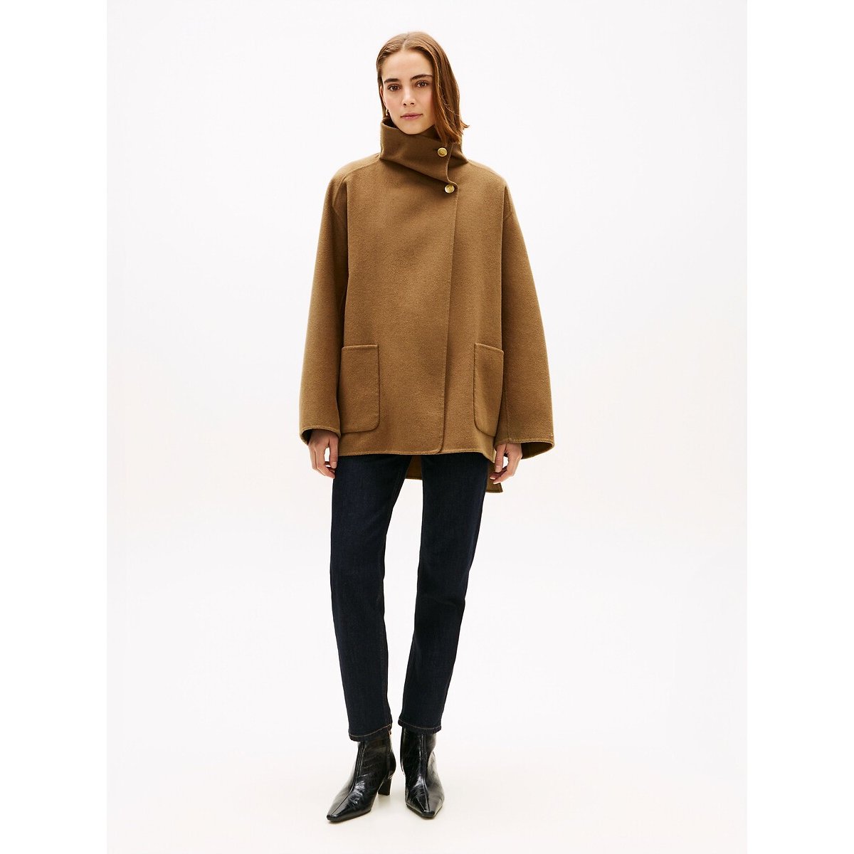 Manteau mi-long à col montant taupe, TOMMY HILFIGER