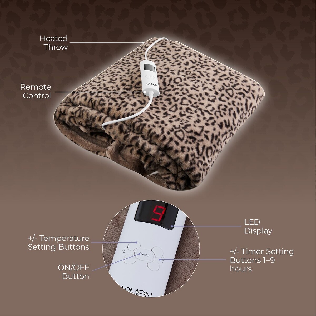 Fleece Electric Over Blanket Leopard Faux Fur brown , CARMEN