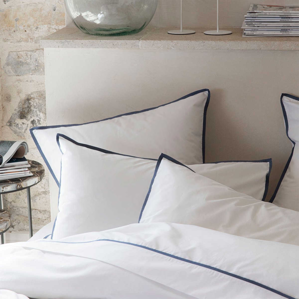 Taie d'oreiller en percale de coton prestige 120 fils, VOLUPTÉ PURE blanc, lichen, BLANC CERISE