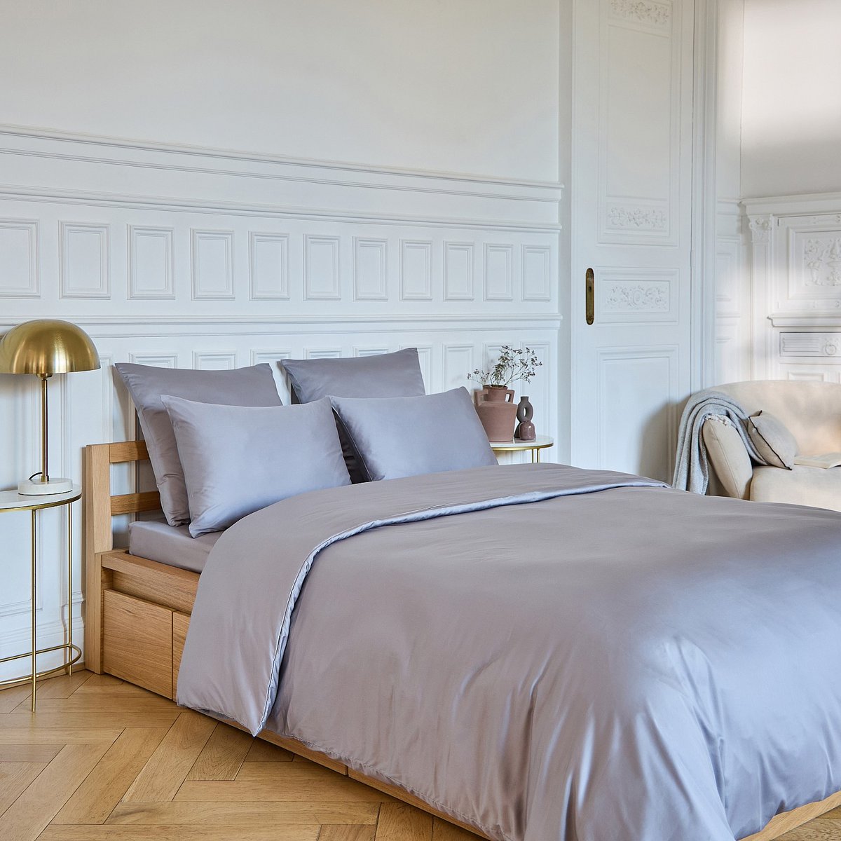 Drap housse en satin de coton ALEXANE gris, HABITAT